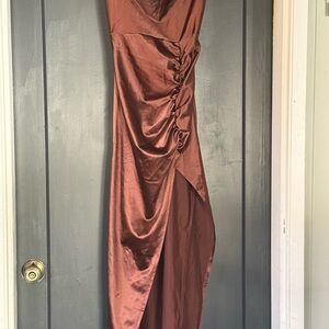 Chic Asymmetrical Satin Dress in Rich Brown
